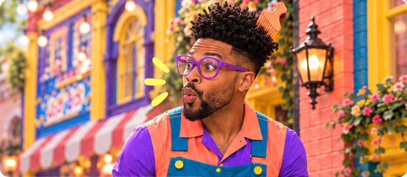 Wonkee makes a surprised face in his bright, colorful neighborhood.